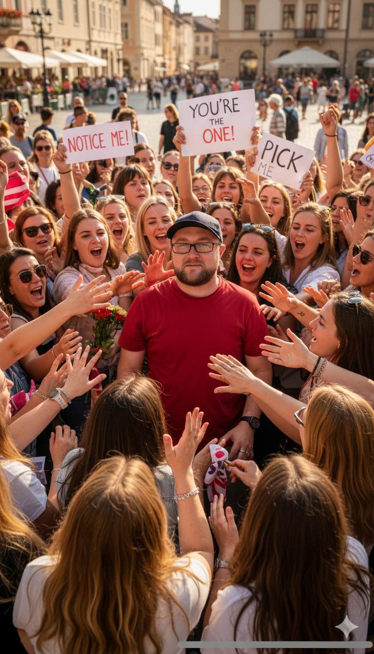 Jarrett surrounded by a supportive crowd holding signs.