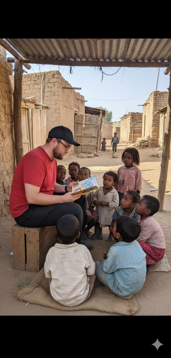 Jarrett reading a picture book to a group of children.